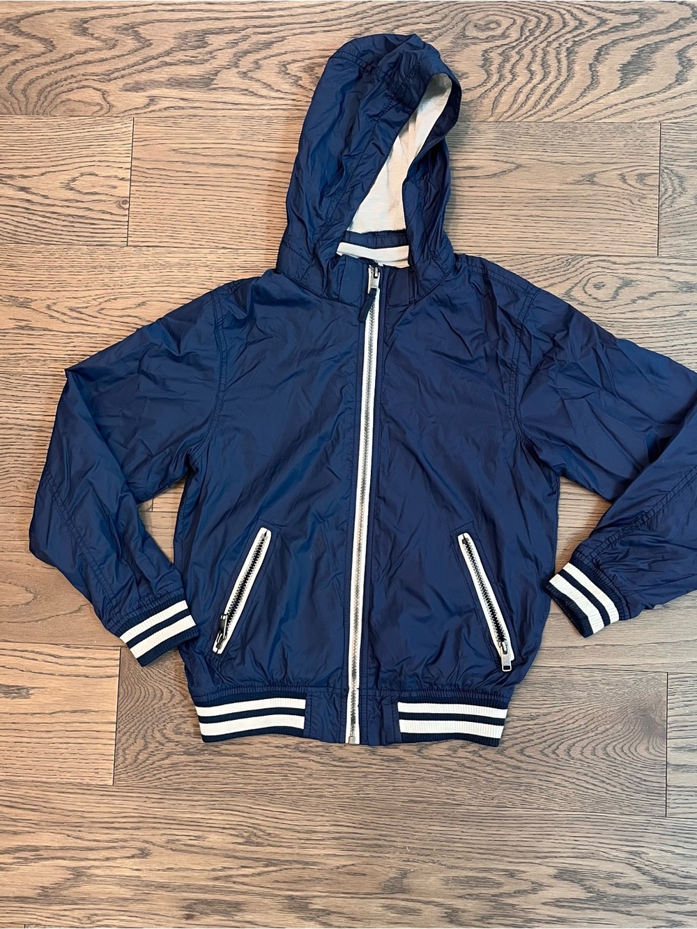 H & M Boys size 10-11 Navy Hooded Windbreaker with White Trim